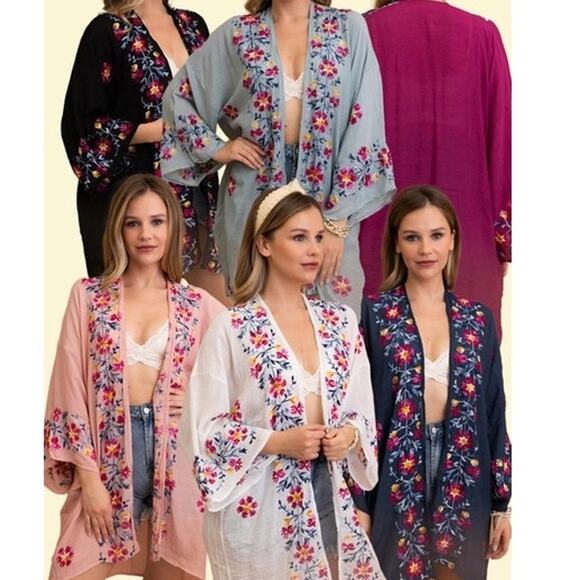 Lightweight Boho Festival Floral Embroidered Anemone Kimono Fuchsia - Picture 5 of 5